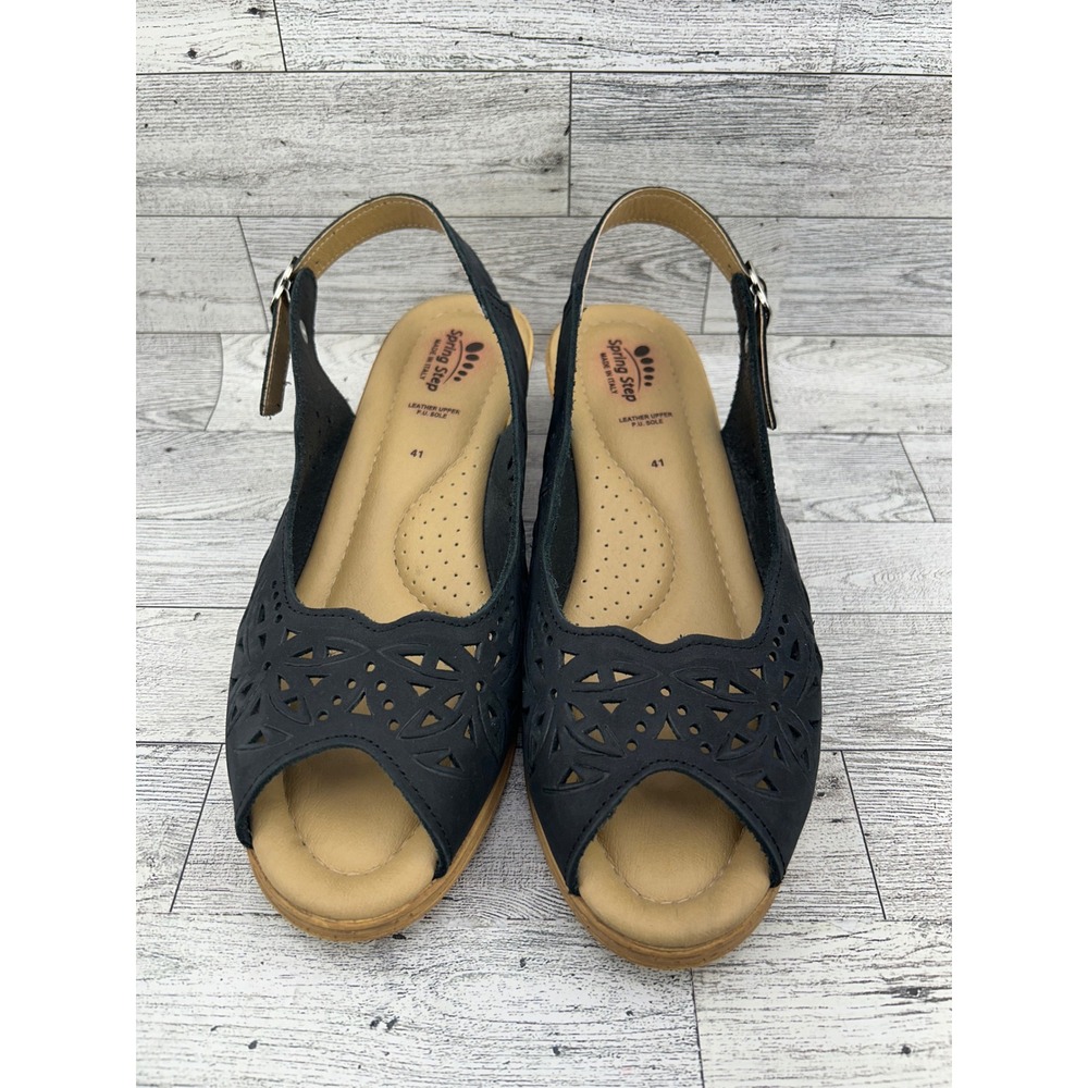Spring Step Women Black Leather Perforated Slingback Wedge Sandals Size 41‎